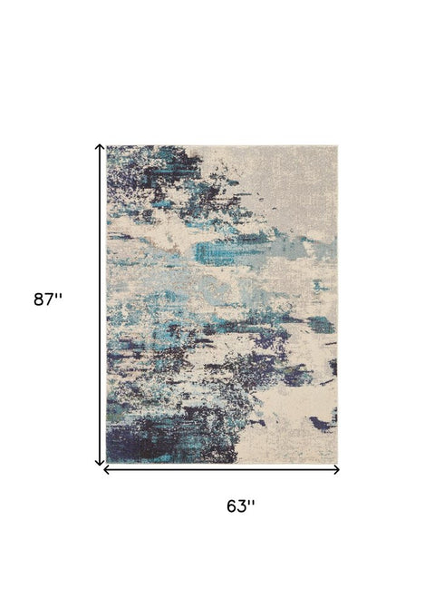 2' X 4' Ivory And Teal Blue Abstract Power Loom Non Skid Area Rug
